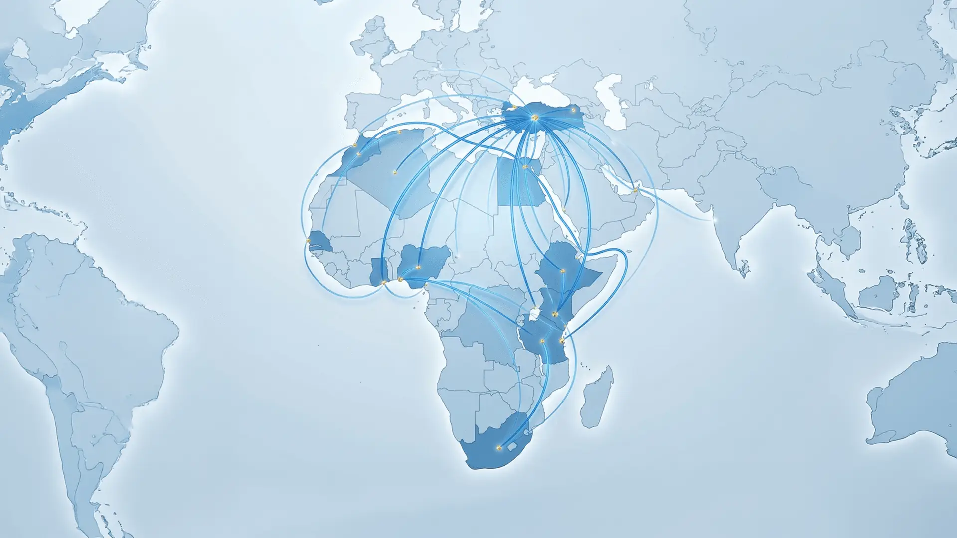 Türkiye çıkışlı bağlantı hatlarının Afrika ülkelerine uzandığı dünya haritası